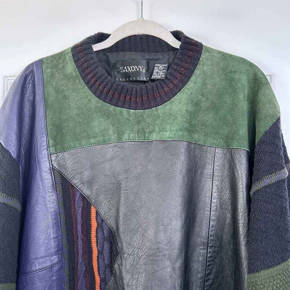 Vtg 90s Saxony Collection Leather Patchwork 3D Sweater Abstract Pattern Sz 1XB